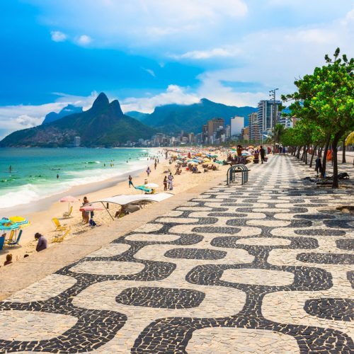 Ipanema beach with mosaic of sidewalk in Rio de Janeiro. Brazil